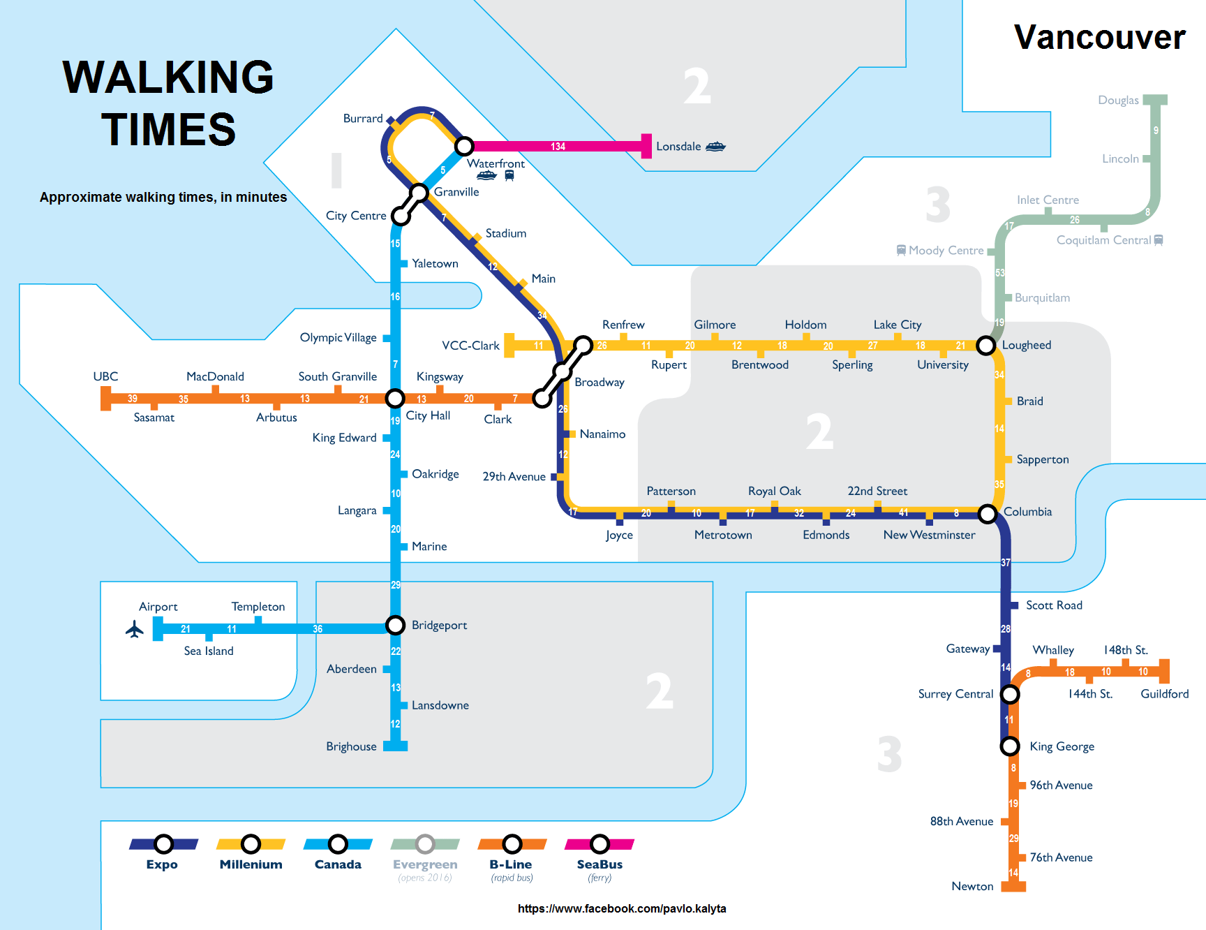 Vancouver Map Showing Walking Times between SkyTrain Stations and B