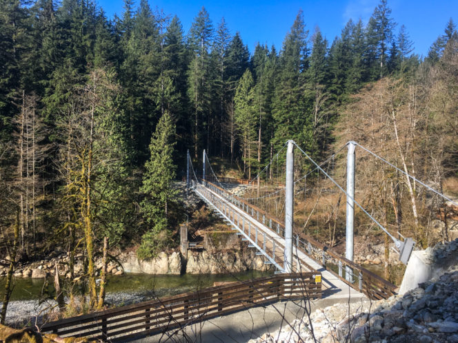 Twin Bridges suspension bridge in the Lower Seymour Conservation Reserve in North Vancouver, BC