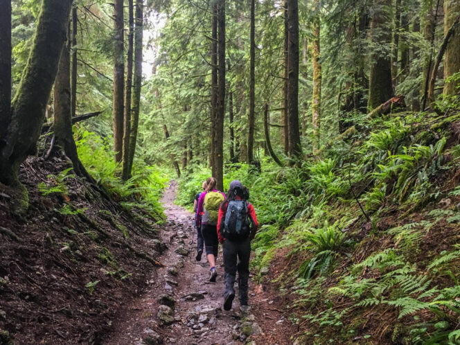 Hikers on the trail to Norvan Falls in North Vancouver