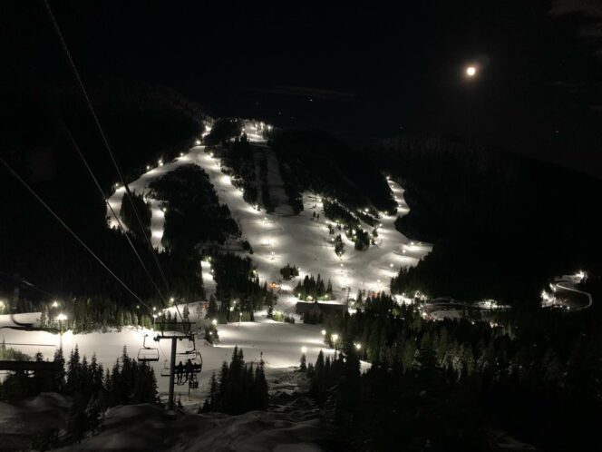 Ski slopes lit up for night skiing at Cypress Mountain near Vancouver