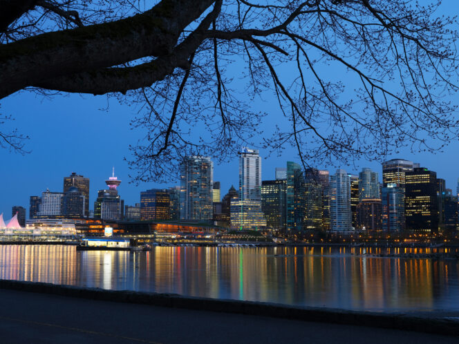 Nighttime view of downtown Vancouver from the Stanley Park Seawall
