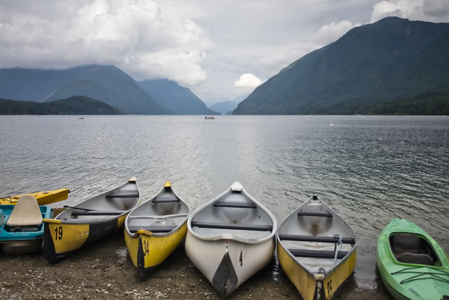 Canoes lined up on the beach at Golden Ears Provincial Park