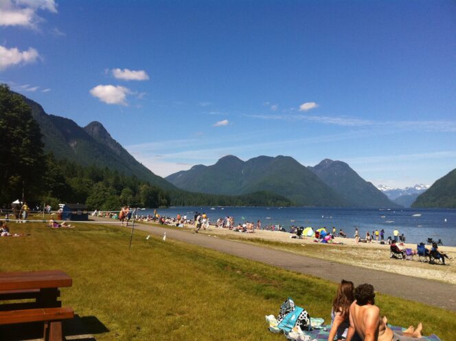 People relax on the beach at Golden Ears Provincial Park