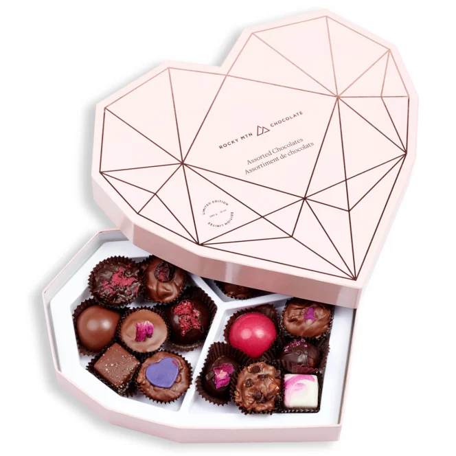 Heart shaped valentines chocolate box from Rocky Mountain Chocolates