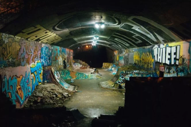 Leeside Tunnel skateboard park in Vancouver lit up at night