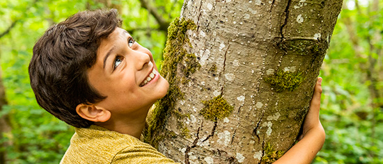 A child hugs a tree in a promo image for Metro Vancouver Regional Parks spring events.