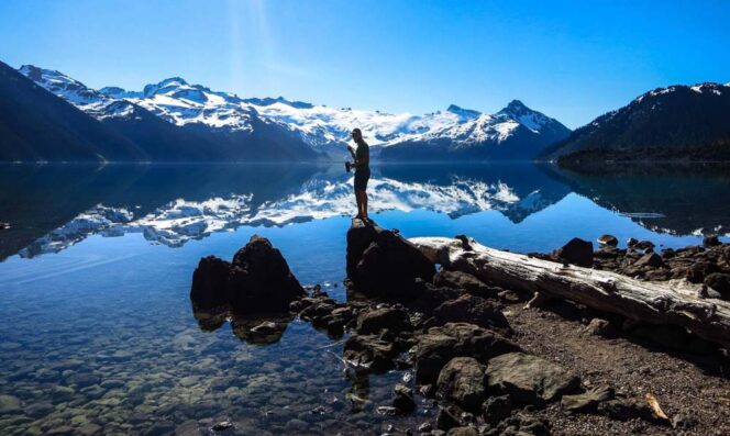A hiker at Garibaldi Lake near Vancouver