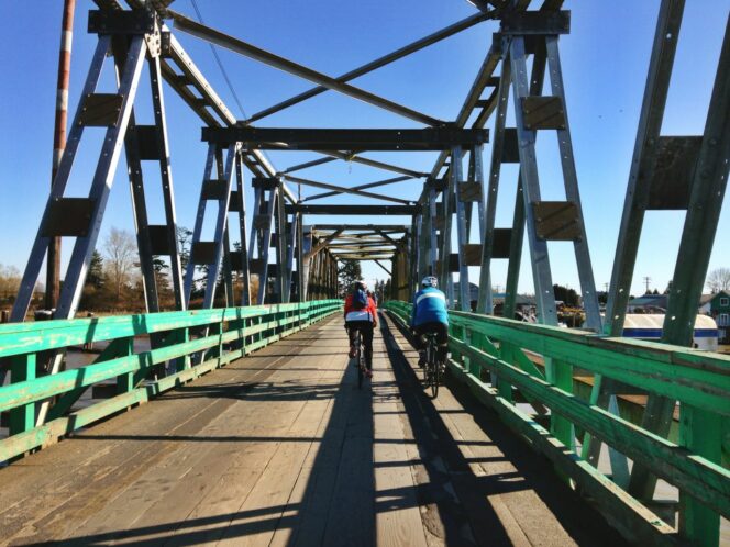 Biking across the Westham Island Bridge in Delta