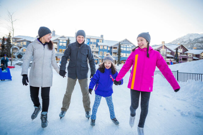 A family skates at Whistler Olympic Plaza