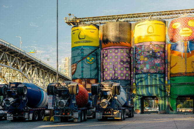 Giants mural on Granville Island by Os Gemeos