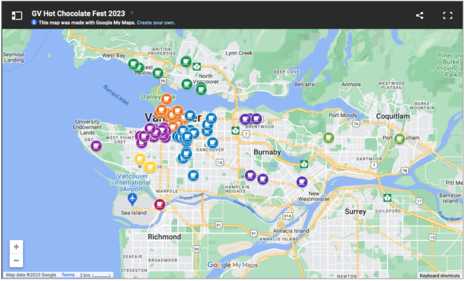 Map of businesses participating in the 2023 Vancouver Hot Chocolate Festival