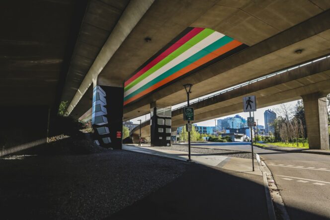 Voxel Bridge mural underneath the Cambie Street Bridge in Vancouver