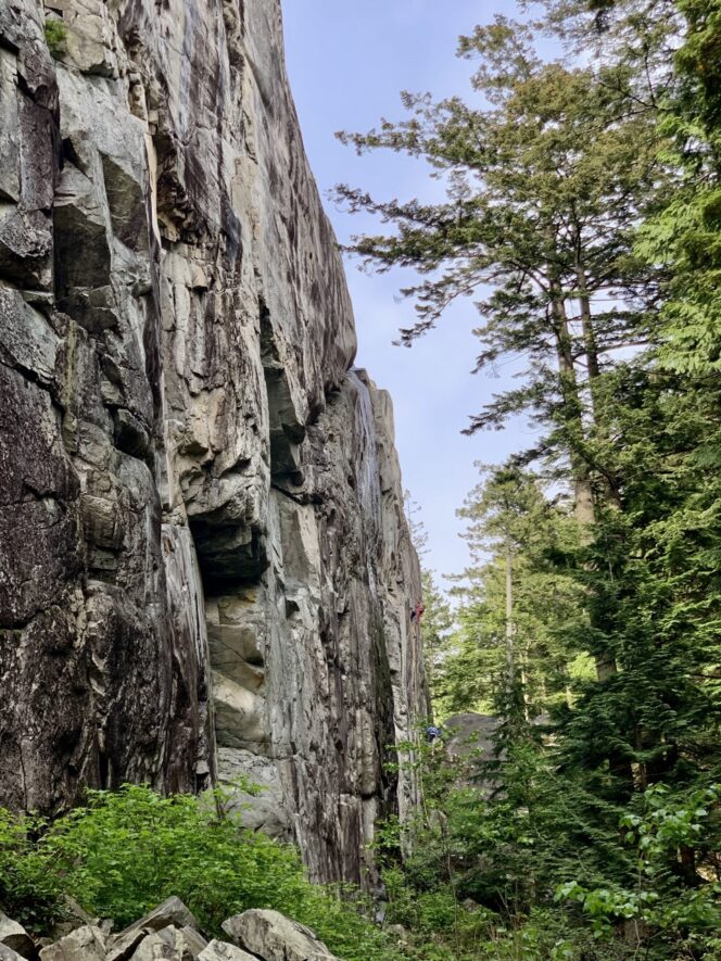 Rock climbers on Petrifying Wall in Murrin Provincial Park