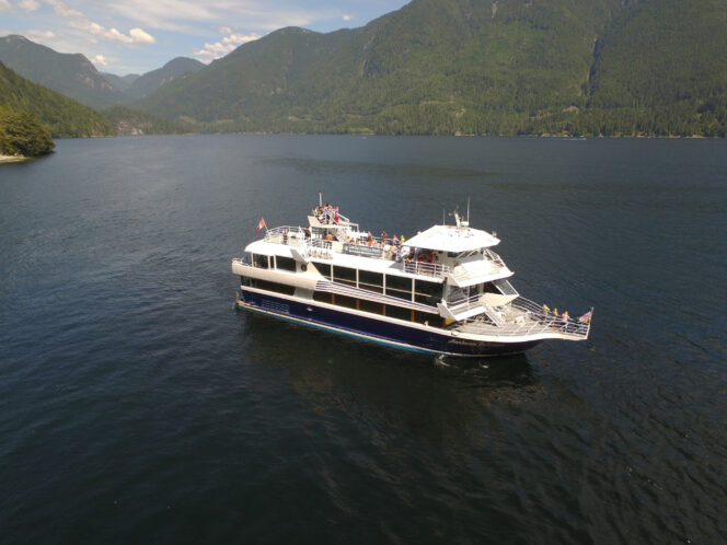 A yacht sails in Howe Sound.