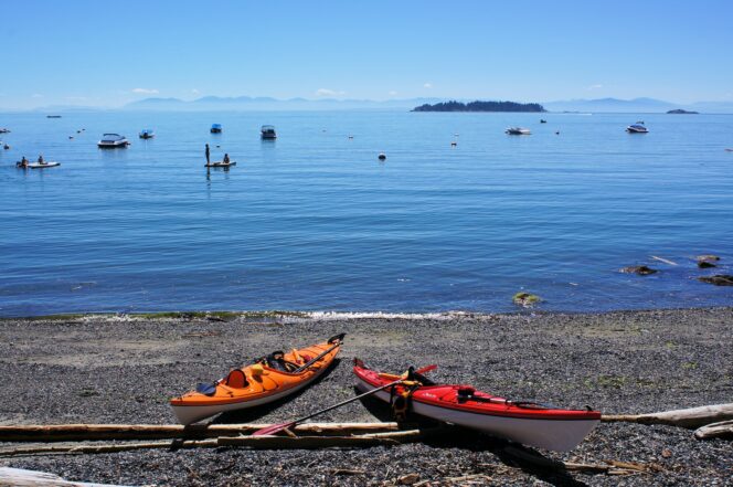 kayaks on a beach on Bowen Island
