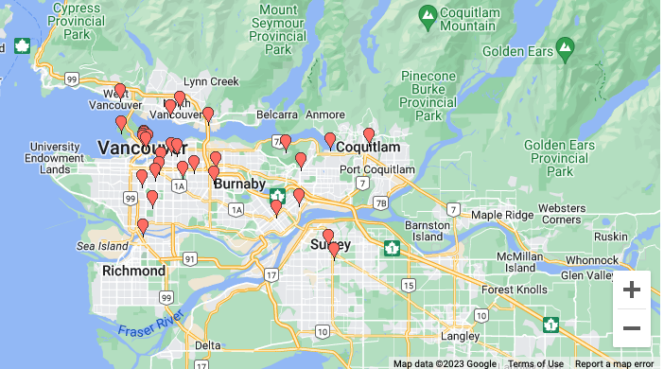 Map showing locations of celebration stations for 2023 Spring Go By Bike Week in Vancouver