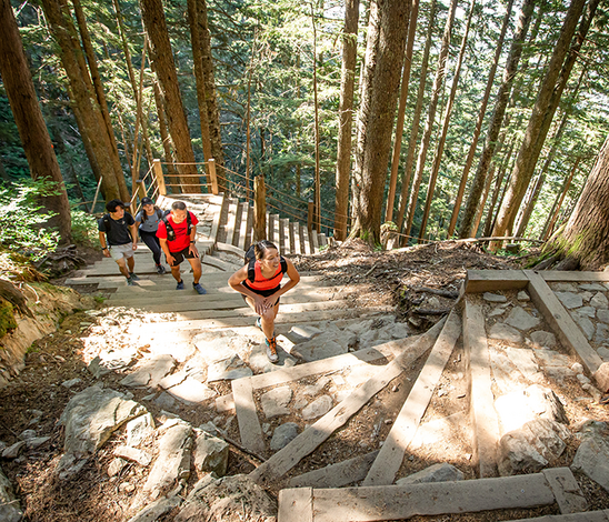Hikers climb rock and wood stairs on the Grouse Grind.