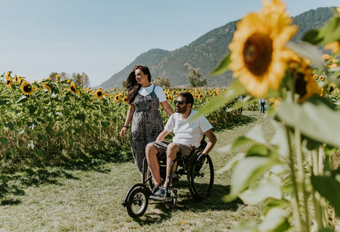 A man in a wheelchair and a woman between rows of sunflowers in Chilliwack