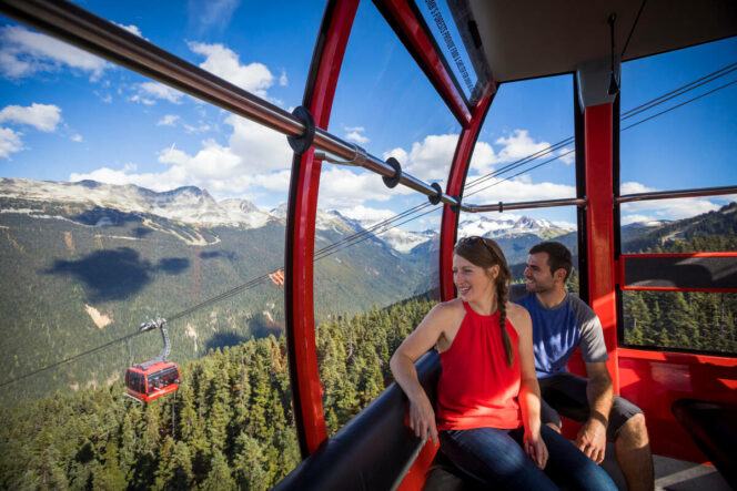 A couple looks out the window of the Peak 2 Peak Gondola in Whistler