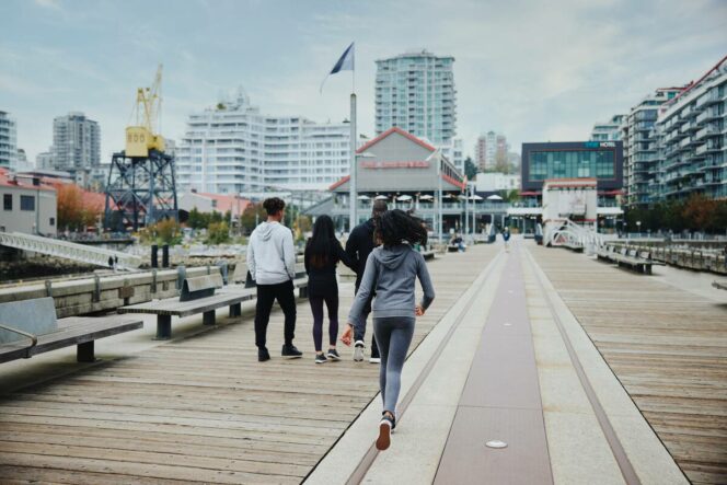 People walking at The Shipyards District in North Vancouver
