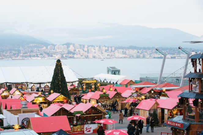 Aerial photo of the Vancouver Christmas Market with North Vancouver in the background