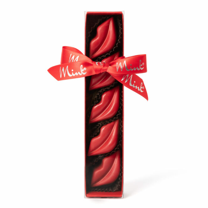 A box of chocolate ganache lips from Mink Chocolates