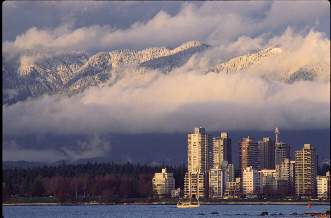 View of the North Shore Mountains from the Stanley Park Seawall. 