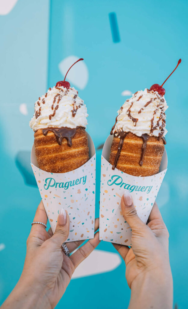 Two ice cream-filled chimney cones from The Praguery food truck