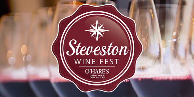 Logo for the Steveston Wine Fest in front of a close up of wine glasses.