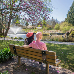 Two people sit on a bench in VanDusen Botanical Garden.